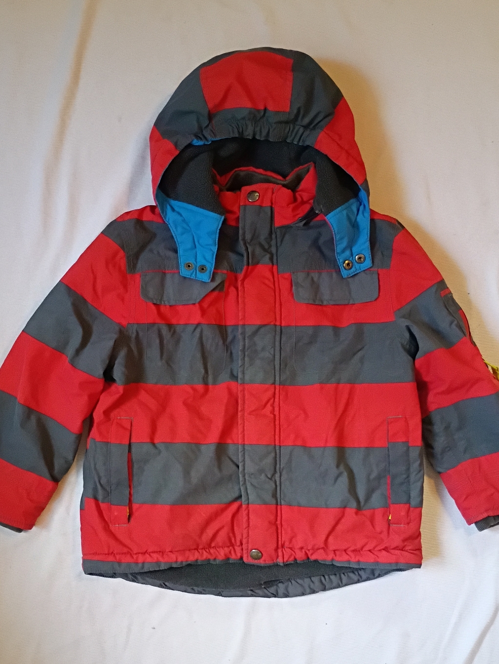 Mini Boden Red & Gray Striped Hooded Winter Jacket